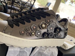 Coach Tea Rose Low Top Leather Sneaker Women Size 10 Gunmetal - Pewter BRAND NEW - Picture 1 of 11