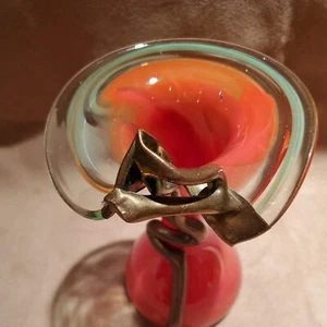 Signed Filip Ravert Romanian Art Glass Vase Orange Bronze Overlay Art Nouveau - Picture 1 of 12