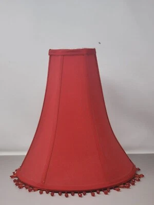 Vintage Crimson Red Fabric Bell Lampshade With Beaded Trim - Image 1 of 4