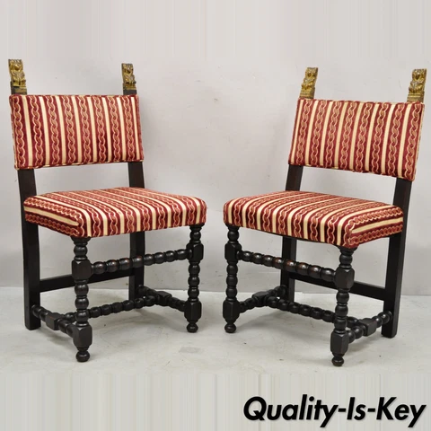 Antique Small Jacobean Style Turn Carved Walnut Accent Side Chairs - a Pair Cover