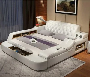 Design Multifunktion Bett XXL Big Betten Leder Hotel Polster 150x200cm Regal USB - Bild 1 von 12