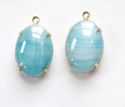 Piedras de vidrio a rayas azules vintage en 1 lazo ajuste de latón ovl003C Foto 1 de 2