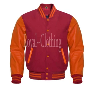 Varsity Jacke Letterman weinrot Wolle und echte orange Lederärmel XS ~ 7XL - Bild 1 von 5