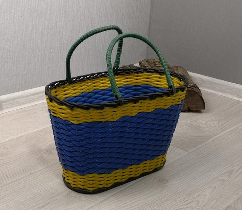 Old Vintage USSR Shopping Basket Yellow Blue Basket Ukrainian Flag Color Cover