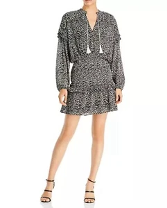 NWT Aqua Animal Print Smocked Mini Dress Chiffon Tasseled Party Chic Size XS - Picture 1 of 11