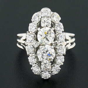 Vintage 18k White Gold 3.29ct European Diamond Elongated Oval & Tulip Sides Ring
