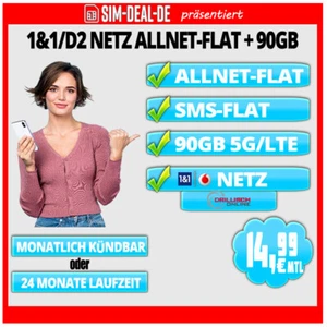📶 Handytarif 1&1 D2 ALLNET + SMS-FLAT + 90GB 5G/ LTE 14,99 EUR mtl kündbar 🚀🔥 - Bild 1 von 1