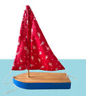 Pond Sail Boat Yacht Toy Model Wood Fabric Vintage Red White Blue Hand Made