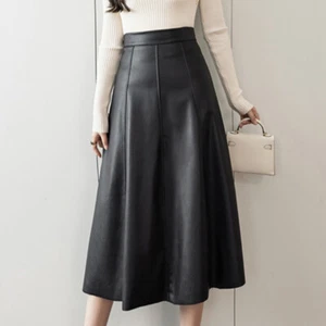 Femme Jupe Midi Simili Cuir Swing Taille Haute Fermeture Éclair Plissé Trapèze - Picture 1 of 14