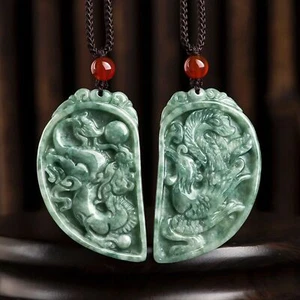 Natural A Jade Jadeite Couple Green Dragon Phoenix Half Circle Pendant Necklace - Picture 1 of 9