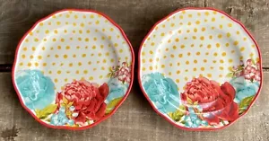 SET 2 - Pioneer Woman Blossom Jubilee 8.5" Salad Luncheon Plate Yellow Polka Dot - Picture 1 of 10