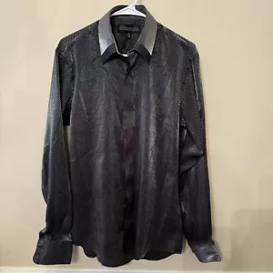 Damante Men's Shiny Checkered Gray Button Down Long Sleeve Shirt M 15.5 Disco - Picture 1 of 10