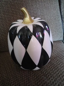 Black And White Check Ceramic Pumpkin 10 In Gold Stem Halloween Thanksgiving - Picture 1 of 3