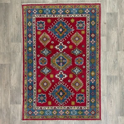 184 x 122cm Vintage Handmade Afghan Carpet Kazak Red Blue Oriental Wool Rug - Image 1 of 4