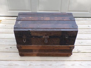 Antique Art Nouveau Steamer Trunk Embossed Leather Tin Travel Chest early 1900's - Picture 1 of 13