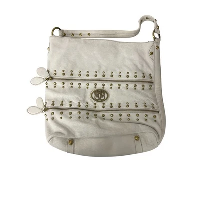 Sharif Women Shoulder Handbag White Pebbled Leather Studded Map Print lined Bag - Image 1 of 4