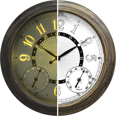 Relojes de exterior grandes de metal iluminados impermeables 18 pulgadas 18 pulgadas, roble gris  Foto 1 de 4