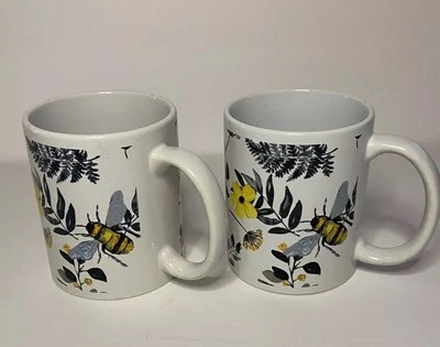 Tazas de café/té x2 abejorro/foliaje/florales lavavajillas/microondas amarillo gris Foto 1 de 4