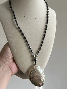 Women's Abalone Shell Pendant and Hematite Beaded Necklace 24” - Picture 1 of 7