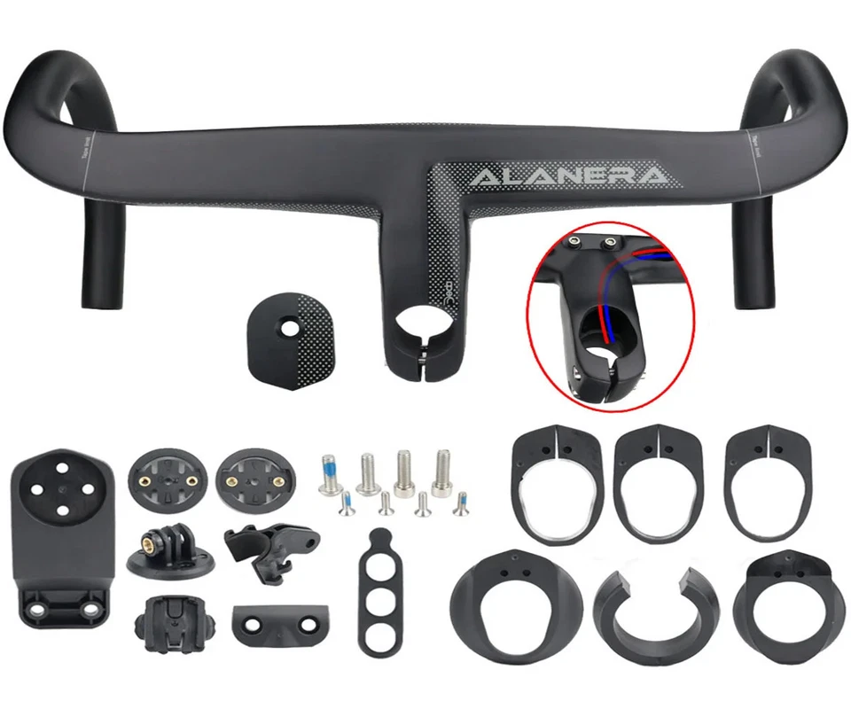 Road Bike Carbon Handlebar Stem Integrated Internal Cable 380-440*70-120mm - Image 1 of 4