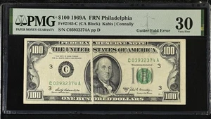 Error Note 1969A $100 FEDERAL RESERVE NOTE ERROR -2 GUTTER FOLDS PMG Graded  - Picture 1 of 2
