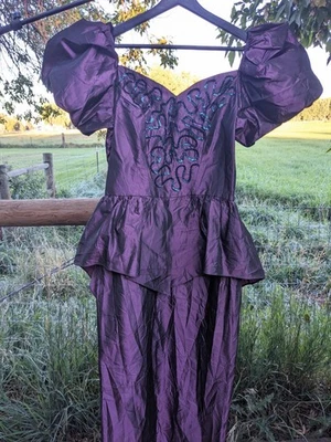 Vintage 80s Formal Taffeta Evening Dress Iridescent Sequin Maxi Puff Sleeve Gown - Image 1 of 4