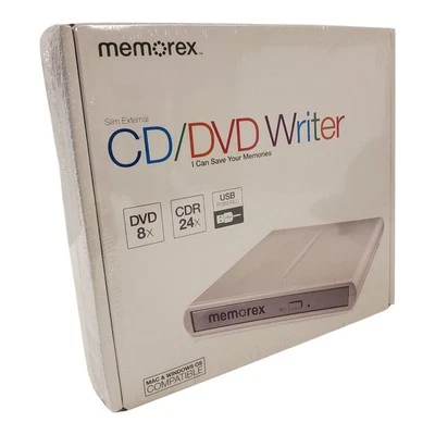 MEMOREX CD/DVD Writer Slim External DVD 8X CDR 24X USB Powered Factory Sealed  - Image 1 of 3