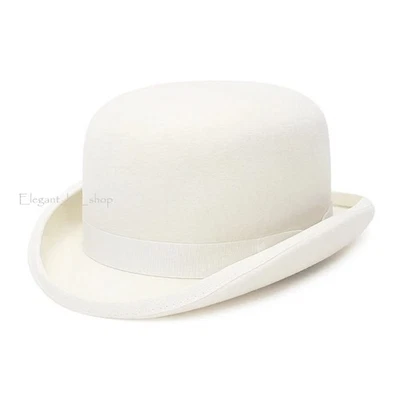 100% Wool Mens White Bowler Hat Fashion Hat Satin Lining 4 Sizes - Image 1 of 4