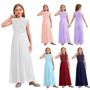 Girl Chiffon Jumpsuit High Waist Wide Leg Romper Floral Lace Outfit Tea Party - Picture 1 of 70