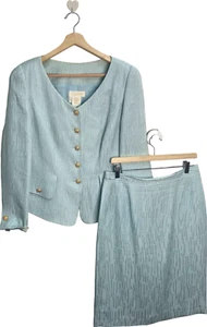 Escada Vintage Light Blue Textured Jacquard Jacket & Skirt Set EU 44 UK 16 - Picture 1 of 8