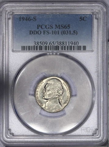 1946-S Jefferson Nickel 5c PCGS MS65 DDO FS-101 (031.5) Doubled Die Obverse! LB Cover
