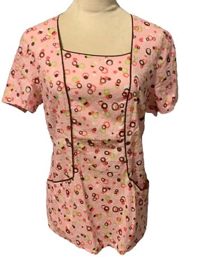 Cherokee Scrub Top Pink W Brown Trim Square Neckline Size Small - Image 1 of 4