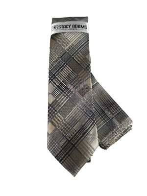 Stacy Adams Men's Tie & Hanky Beige Navy Blue Royal Blue Plaids Check 3.25" Wide - Image 1 of 4