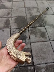 Stampella canna ottone vintage bastone da passeggio giunto bambù manico trekking drago stro - Foto 1 di 11