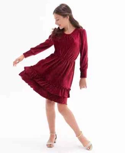 Rare Editions Long Sleeve Textured Velvet Tiered Dress Big Girls 10 Burgundy - Picture 1 of 12