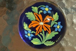 Vintage V. Zane Signed Paperweight, Hand Painted Bouquet on Cobalt-Blue, F235 - Picture 1 of 8