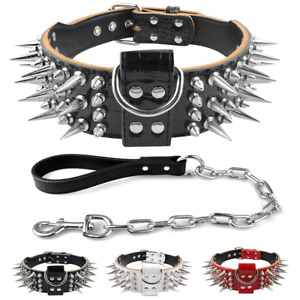 Heavy Duty Leather Spike Dog Collar and Leash for Pitbull Rottweiler Boxer Large