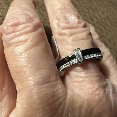 Elegant & Sexy Stainless Steel Double Ring W/black Ceramics/rhinestones Sz 7 - Image 1 of 4