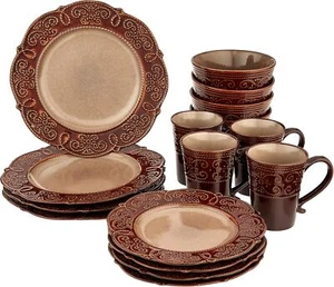 Round Decorative Stoneware Scallop Cameo Dinnerware Set, 16 Pieces - Picture 1 of 7