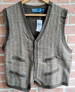 New Ralph Lauren Rugby Sweater Vest Mens Size XL Herringbone Lambs Wool Button - Picture 1 of 5