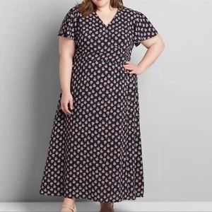 NWT Lane Bryant asymmetrical button front midi / maxi dress navy/coral/white 14 - Picture 1 of 16