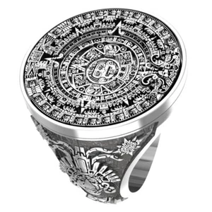 Men's Tribal Aztec Mayan Calendar Ring, Mayan Rings 925 Sterling Silver - Picture 1 of 7