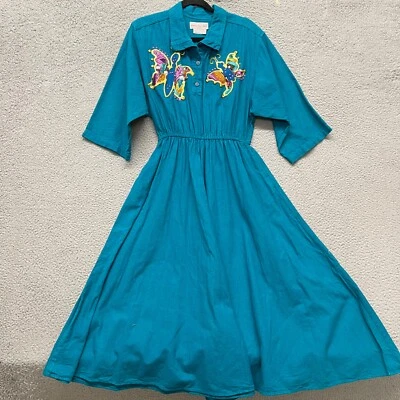 Винтажное женское платье L синий хлопок бабочка июнь Cleaver Western тяжелый вес - Изображение 1 из 4