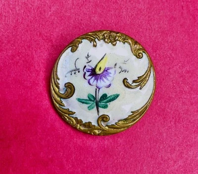 Antique Rococo Border Floral Painted Enamel on Gilt Brass Button - E. M. PARIS - Image 1 of 2