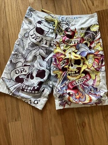 Ed Hardy Shorts Death or Glory Skulls Snakes Dragon Med Drawstring Swim Trunks - Picture 1 of 7
