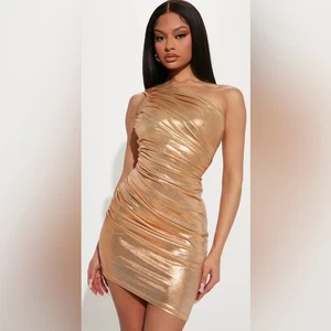 NEW Gold Lame Fashion Nova 1 Shoulder Medallion Metallic Mini Lined Dress XL - Picture 1 of 6