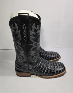Men's Genuine Cowhide Leather Boots Square Toe Croc Print Black Sz 10 - Picture 1 of 14