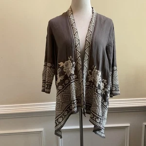 Kimono Johnny Was JW Los Angeles Boho Gris Lino Floral Bordado Talla Pequeña - Imagen 1 de 8