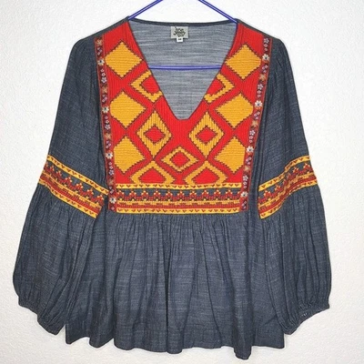 Ivy Jane Talla Mediana Tapiz Cambray Bordado Boho Top Pájaros Flor Campesino Foto 1 de 4