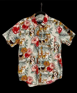 HOT TOPIC EXCLUSIVE TROPICAL CORGI ALOHA PRINT BUTTON UP MENS LARGE - Picture 1 of 3